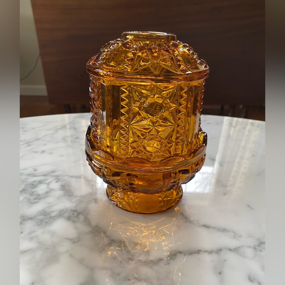 FAIRY LAMP Indiana Glass Amber Stars and Bars
